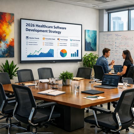 A clean, modern conference room with a wall-mounted screen displaying a 