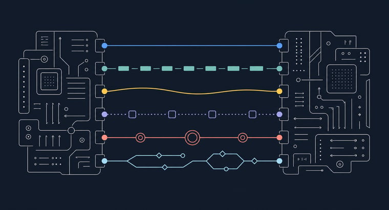 Abstract illustration of two engineering systems connected by six distinct technical pathways representing different hiring and operating models.