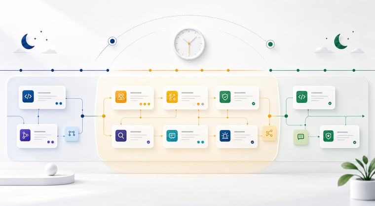Abstract time-zone alignment image showing overlapping work-hour windows and software delivery elements for U.S. and Mexico engineering teams