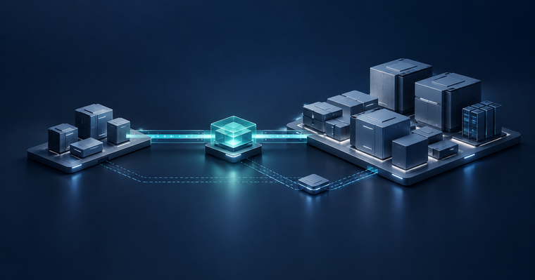Two groups of infrastructure modules connected through an illuminated teal handover point, illustrating SRE team integration and backup support.