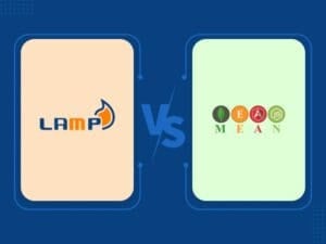 An illustration comparing LAMP and MEAN stacks. On the left, an orange and blue LAMP logo stands out against a peach background. On the right, MEAN components (MongoDB, Express.js, Angular.js, Node.js) are showcased as green, orange, red, and yellow circles on a vibrant green background. CodersLink 2024.