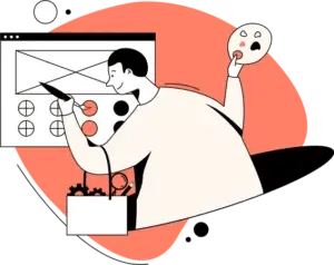 Illustration of a person designing a user interface on a screen with circles. They hold a tablet pen in one hand and a color palette in the other. A software engineer's toolbox with gears and design tools rests nearby. The background is partially filled with a rounded, coral-colored shape. CodersLink 2024.
