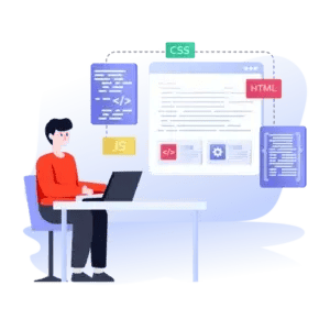 Illustration of a Desarrollador Senior using a laptop at a desk. Surrounding the person are floating panels labeled "CSS," "HTML," "JS," and various code snippets, symbolizing web development and coding activities. The background is a gradient blue, creating a modern digital workspace. CodersLink 2024.