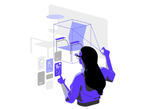 A person with long hair, wearing glasses and holding a stylus, interacts with a digital 3D model of a chair on a transparent screen. Various design elements and tool icons surround the 3D model, showcasing Avances Tecnológicos. The background features a faint outline of furniture and hints of Tendencias Emergentes 2024. CodersLink 2024.