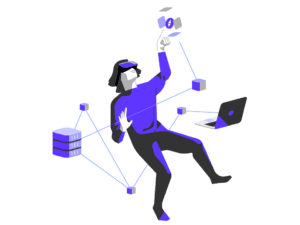 A stylized illustration of a person wearing virtual reality or augmented reality glasses and interacting with floating technology icons. Surrounding them are interconnected nodes, a laptop, and a server, symbolizing connectivity and digital interaction with 2024's avances tecnológicos. CodersLink 2024.