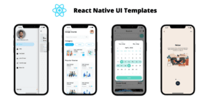 React Native UI Templates displayed on four smartphone screens. The first screen shows a user profile, the second displays a list of courses, the third features a calendar booking interface, and the fourth presents a relaxation activity interface. Ideal for proyectos that require sleek design. CodersLink 2024.
