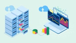 Illustration of data management and analysis. Left: servers with open drawers containing files. Right: laptop with graphs and charts on the screen. Connected graphs and cloud icons signify data transfer and processing in cloud computing, highlighting the use of LAMP Stack technology. CodersLink 2024.