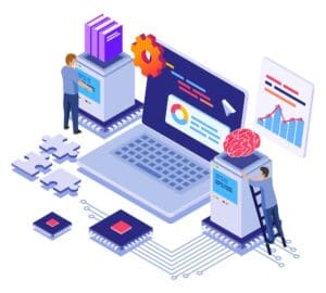 An isometric illustration depicts two people interacting with technology and data. One person stands beside a stack of servers with books, while the other is on a ladder by a server with a brain icon. A laptop in the center displays charts, gears, and graphs, highlighting Avances Tecnológicos and Tendencias Emergentes 2024. CodersLink 2024.