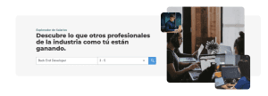 An interface showing a Salary Explorer tool. Text reads "Explorador de Salarios - Descubre lo que otros profesionales de la industria como tú están ganando" followed by a search bar with the term "Back End Developer" and a range of 3 - 5. Powered by CodersLink, images of people working enrich the experience. CodersLink 2024.