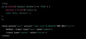 Screenshot of PHP code that accepts a POST request. When submitted, it displays a greeting that includes the value entered in the form. The HTML form includes a text input named "nombre" and a submit button labeled "Enviar". Notable diferencias from Python include syntax and handling of POST requests. CodersLink 2024.