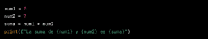The code snippet in Python highlights a simple addition operation. The variables `num1` and `num2` are assigned the values 5 and 7, respectively. The variable `suma` stores the sum of `num1` and `num2`. A formatted print statement outputs the sum in Spanish, showcasing diferencias with PHP. CodersLink 2024.