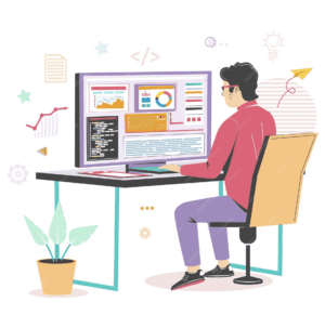 Illustration of a person sitting at a desk using a computer with multiple data and code screens, characteristic of a Desarrollador Full Stack. The environment is decorated with plants, charts, graphs, and icons symbolizing creativity and productivity. The person appears focused on their work. CodersLink 2024.