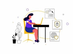 Illustration of a woman seated at a desk with a laptop. Surrounding her are icons representing documents, security (padlock), and the internet (globe and shield). Plants in pots are placed beside her. The scene implies cybersecurity and data protection, perfect for a Desarrollador Full Stack. CodersLink 2024.