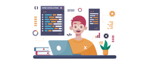 Illustration of a person with pink hair, wearing glasses and an orange shirt, sitting at a desk with a laptop. Surrounding the Full Stack Developer are coding elements and books labeled "Web Developing," "CSS," and "HTML," with colorful graphics illustrating coding elements. CodersLink 2024.