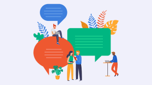 Illustration of four people interacting with oversized speech bubbles. A person sits on a red bubble; two people converse while looking at a tablet beside a green bubble discussing an examen técnico; and another works on a laptop at a standing desk near a blue bubble. Colorful leaves decorate the scene. CodersLink 2024.