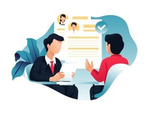 Illustration of two people in a job interview setting. One person on the left, dressed in a suit, is holding a resume, while the person on the right, in a red shirt, is seated across the table, gesturing. A large resume with photos and details in the background offers consejos laborales for those looking to buscar trabajo en Estados Unidos. CodersLink 2024.