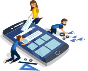 Illustration of three people working on a large smartphone screen. One person is placing a search bar at the top, another is adjusting interface elements, and the third is aligning settings gears, suggesting app development or design for aplicaciones móviles. CodersLink 2024.