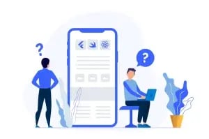 Illustration of two individuals interacting with a large smartphone screen displaying various icons and content. One person stands with a question mark overhead, contemplating "cuál elegir?" while the other sits with a laptop and another question mark. Blue accents with abstract plant designs in the background highlight different tipos de aplicaciones móviles. CodersLink 2024.