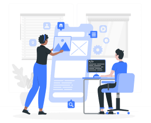 Illustration of two people working on an app prototype. One person is standing, adjusting a large smartphone screen displaying various tipos de aplicaciones icons, while the other person is sitting at a desk with a laptop, writing code. Background includes windows and a plant. CodersLink 2024.