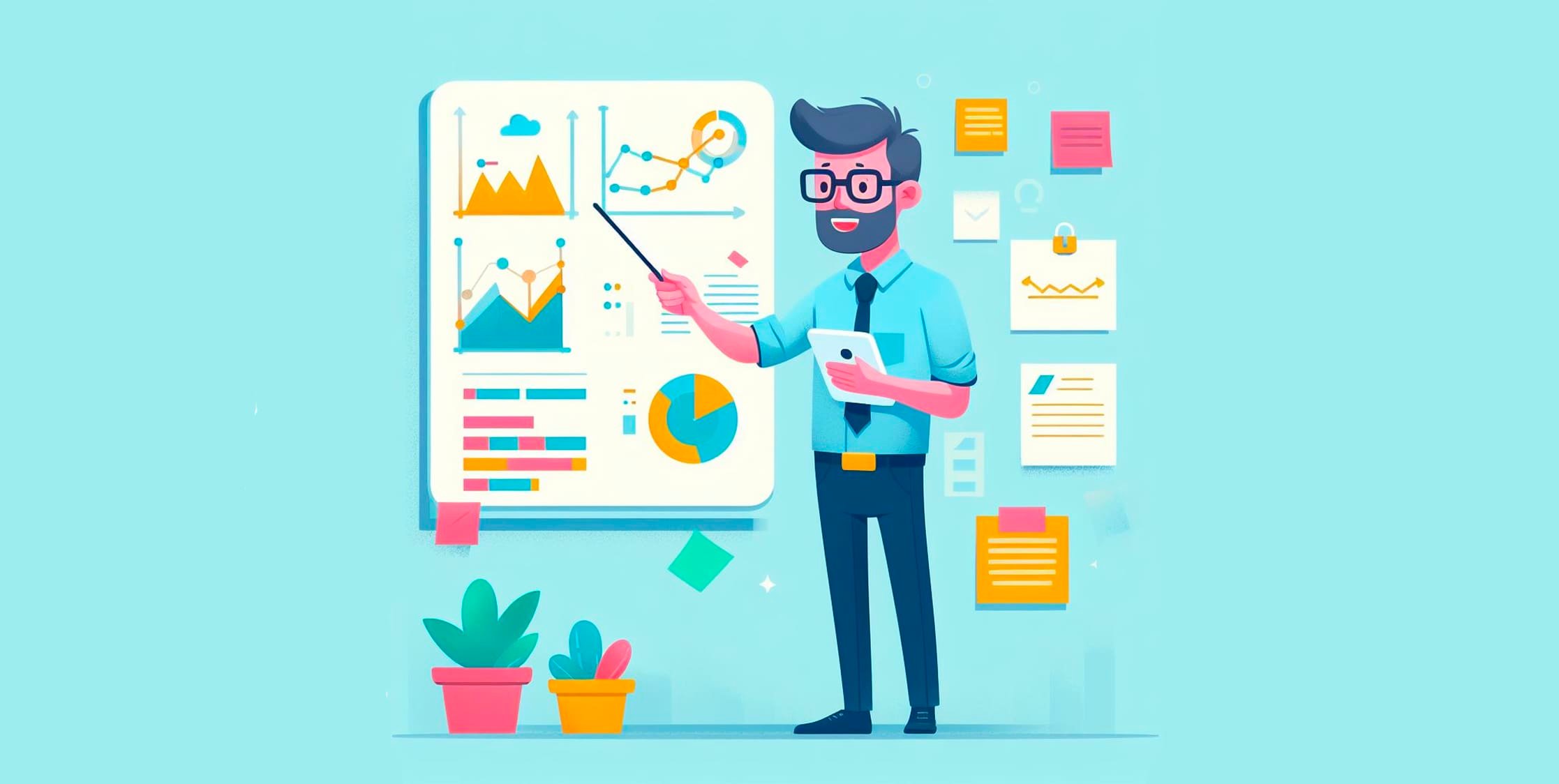 Illustration of a man with glasses and a beard, presumably a Project Manager, pointing to a large presentation board with various charts and graphs. He holds a tablet in his other hand. The background features floating documents and notes, highlighting his skills and responsabilidades, with two potted plants in the foreground. CodersLink 2024.