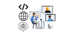 Illustration of a person sitting at a desk during a virtual meeting with three on-screen participants. Icons include HTML code, a globe, and a thinking cloud with a storefront. A cat sits beside the desk, providing comfort during what appears to be an entrevista técnica. CodersLink 2024.