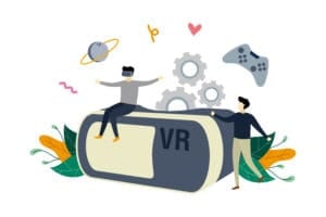 Illustration of two people interacting with a giant virtual reality (VR) headset surrounded by floating objects including a planet, a game controller, gears, a heart, and musical notes. One person sits on the VR headset wearing VR goggles, while the other stands beside it. Avances Tecnológicos 2024 surround them. CodersLink 2024.
