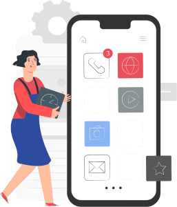 Illustration of a woman holding a clock icon walking beside a giant smartphone displaying various app icons, including a phone with a notification, globe, play, camera, and email. A gear symbol is partially visible in the background, suggesting settings or options—Lo Que Debes Saber about Diseño de Aplicaciones. CodersLink 2024.