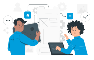 Illustración de dos personas colaborando en el diseño de aplicaciones móviles. Una persona sostiene una gran plantilla de smartphone, mientras que la otra usa una laptop. Iconos de apps, engranajes y elementos de diseño flotan a su alrededor, simbolizando el desarrollo y el trabajo en equipo que Debes Saber. CodersLink 2024.