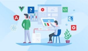 Illustration of two people working on web development. One individual is standing next to various Front End tech stack icons like Angular, Vue, and React frameworks, while the other person is seated at a computer. Background features include coding symbols and a potted plant. CodersLink 2024.