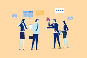 Illustration of four business professionals communicating. One person is holding a notepad, another is listening with a hand to their ear, a third is using a megaphone, and the fourth, perhaps the development team lead, is holding a tablet. Speech and thought bubbles appear above them, with icons inside. CodersLink 2024.