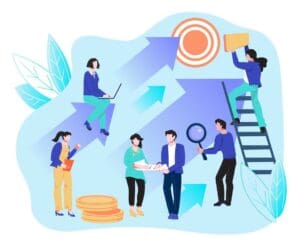 A colorful illustration depicts five people engaging in various business activities. One person works on a laptop while sitting on an arrow, another holds a light bulb. Two shake hands, one examines a document with a magnifying glass, and another climbs a ladder holding a sign. Large arrows and coin stacks form the background—a dynamic scene ideal for showcasing the role of a development team lead you necesitas in your project. CodersLink 2024.