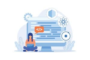 Illustration of a person sitting cross-legged with a laptop in front of a large screen displaying code. Surrounding the screen are icons representing various front-end technologies, including a gear, a hexagon, an atom, and a circular design symbolizing top frameworks. CodersLink 2024.