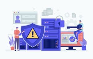 Illustration of two people managing cybersecurity in 2024. One person stands beside a shield with a warning symbol, while the other sits on a computer holding a key. They are surrounded by servers and screens displaying data, charts, and security icons, showcasing Avances Tecnológicos and Tendencias Emergentes. CodersLink 2024.