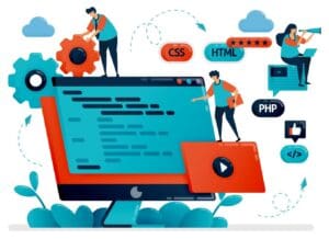 An illustration depicting web development. A large monitor displays code with oversized gears beside it. People interact with coding elements like CSS, HTML, and PHP, showcasing cómo es el trabajo de un desarrollador web. Icons of a star rating, play button, and a like symbol surround the scene. CodersLink 2024.