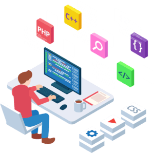Isometric illustration of a desarrollador web at a desk with a computer monitor coding various programming languages, including PHP, C++, HTML, and CSS. The workspace features a coffee mug, a notebook, and stationery. Multicolored coding icons float around as the trabajo unfolds. CodersLink 2024.