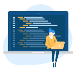 Illustration of a software engineer with blue hair sitting and working on a laptop, placed in front of a large monitor displaying lines of code. The person is wearing a yellow top and blue pants, suggesting intense coding or programming activity. CodersLink 2024.