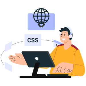 Illustration of a person wearing headphones and seated at a desk with a computer monitor. The screen displays "CSS". A globe icon is hanging above the monitor, indicating a focus on web development or coding. The person appears to be engaged in their work, possibly browsing job boards for opportunities in staffing and recruitment process outsourcing. CodersLink 2024.