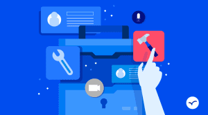 Illustration of a hand interacting with digital tool icons, including a hammer, wrench, microphone, video camera, and user profile. A toolbox is central against a blue background scattered with small geometric shapes. The scene feels like preparation for an entrevista técnica. A bird logo is in the bottom right corner. CodersLink 2024.