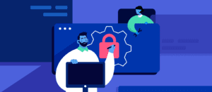 An illustration of two people working on cybersecurity. One person is holding a monitor and pointing at a screen displaying a padlock inside a gear, representing the MEAN stack framework. Another person is holding a wrench, floating above the screen, engaging in a different task. CodersLink 2024.