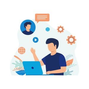 Illustration of a person sitting at a desk with a laptop, engaging in a video call. Various digital icons like gears, a globe, and play buttons surround the person. The background features abstract foliage and decorative elements that mirror "todo lo que necesitas saber" to buscar trabajo in the United States. CodersLink 2024.