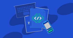 Illustration of a laptop, a document with a code symbol, a text formatting icon, and a smartphone on a blue background with abstract shapes. The design elements are arranged to convey the theme of front-end coding and digital communication using modern frameworks. CodersLink 2024.