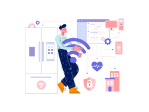 Illustration of a person using technology to control various smart home devices, including a refrigerator, security camera, and thermostat. The person is interacting with a control panel, surrounded by icons representing connectivity and automation, reflecting the latest tendencias emergentes for 2024. CodersLink 2024.