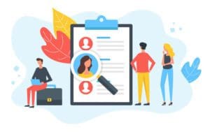 Illustration of three people and a large clipboard with resumes. A magnifying glass hovers over a resume highlighting a woman's profile picture. One person sits with a laptop, while the other two stand looking at the clipboard. CodersLink aids in conseguir empleo. Leaves decorate the background. CodersLink 2024.