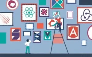 Illustration of two people arranging framed technical and coding symbols on a wall. One person is standing on a ladder placing a frame, while the other stands below with a thoughtful pose. The background is filled with various colorful frames, highlighting the importance of front end frameworks. CodersLink 2024.