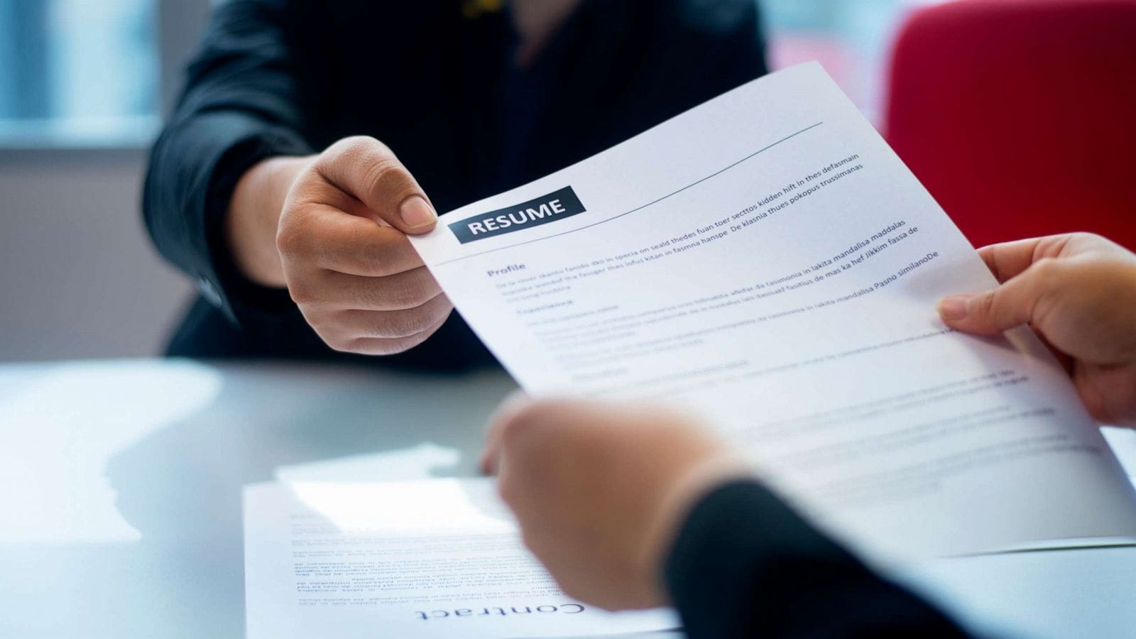 A close-up of two people exchanging a CV de un programador at a table. One person is handing over the document, while the other is receiving it. Both individuals are wearing business attire, with parts of their sleeves and hands visible. A blurred office setting is in the background. CodersLink 2024.