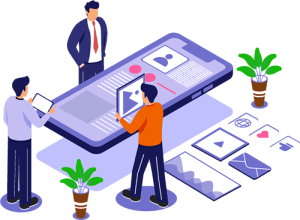 Illustration of three people designing a mobile app interface. One person holds a tablet, another places an element on the phone screen, and the third observes. The scene includes digital icons, image and text elements, two potted plants, and highlights Diseño de Aplicaciones for Aplicaciones Móviles. CodersLink 2024.