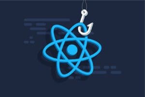 A blue atomic symbol with elliptical orbits is hooked by a silver fish hook, set against a dark background with abstract horizontal lines, making it perfect for proyectos that require an eye-catching design element. CodersLink 2024.