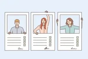 Illustration of three people inside large, stylized ID cards. Each card resembles a descripción CV programador, complete with a photo, a checklist, and a signature at the bottom. The person on the left is a blond male, the middle is a red-haired female, and the right is a brown-haired female. CodersLink 2024.