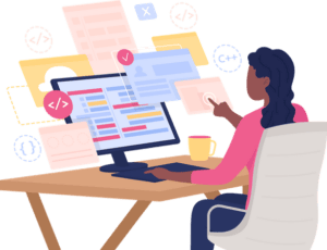Illustration of a person sitting at a desk looking at a computer screen. The screen displays various colorful codes and documents. The background shows floating folders and code symbols, suggesting software development or data management activities, highlighting the importance of recruitment process outsourcing in tech industries. CodersLink 2024.