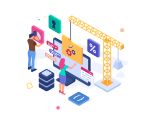 An illustration of two people interacting with a large computer screen. One person, a software engineer, is adjusting settings, while the other works on data visualization. A crane symbolizing development is in the background, alongside floating icons representing various digital tools and recruiting services. CodersLink 2024.